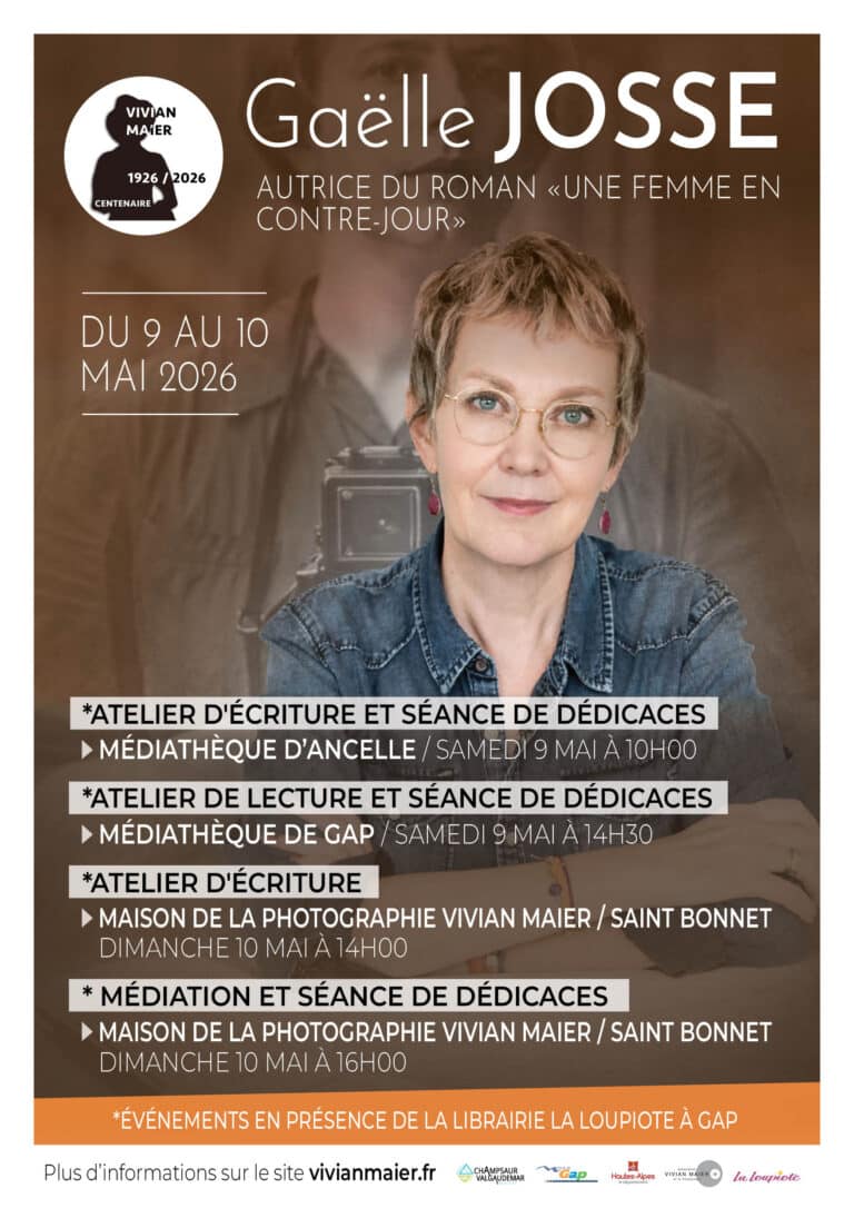 Poster promoting Gaëlle Josse with a schedule of May 2026 literary events (workshops, readings, and signings) at multiple venues in the region.]